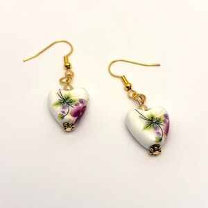 Heart Floral Ceramic Earrings with Gold Accents Handmade Hypoallergenic